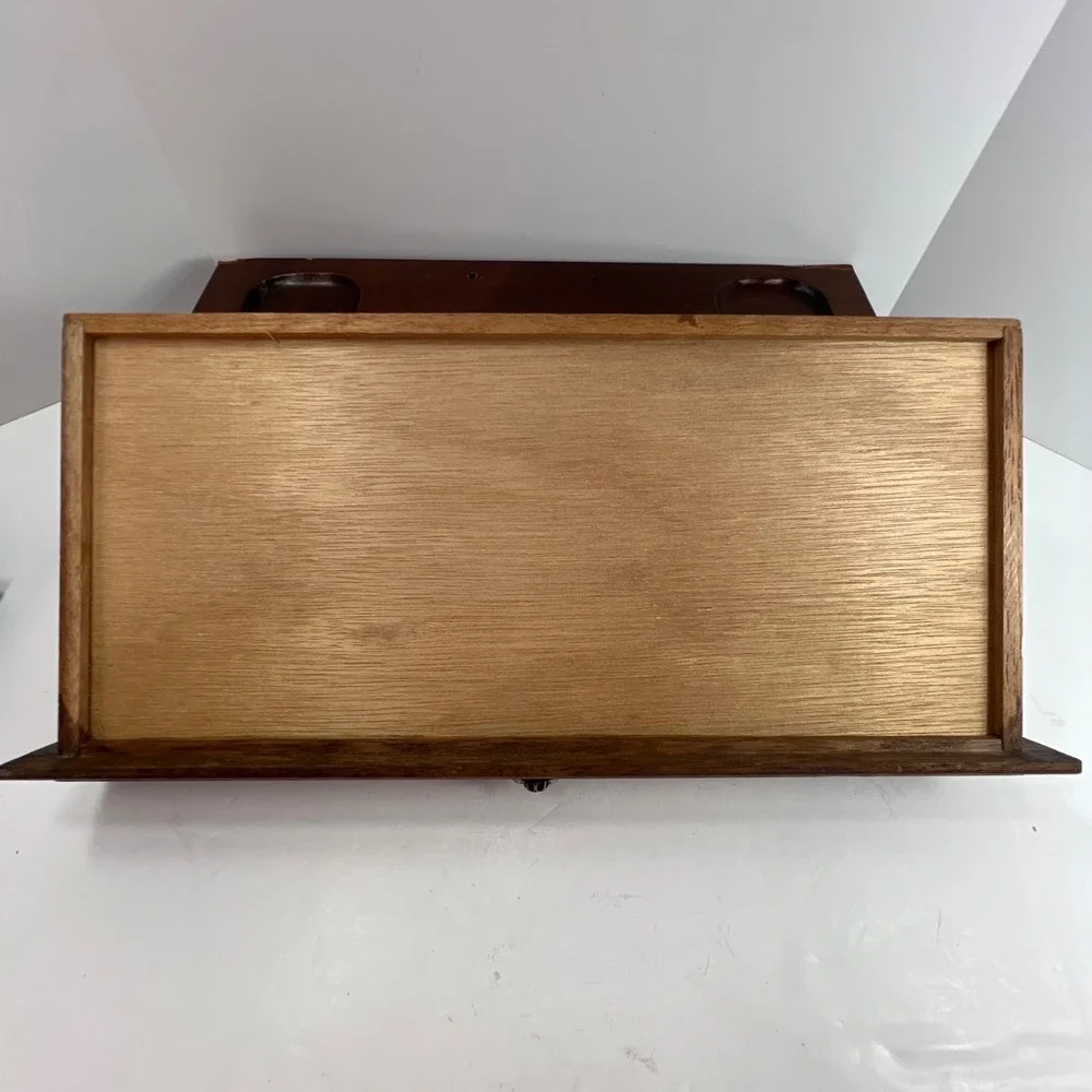 Vintage Wooden Valet Box Mens OS Brown Good Felt Lined Jewelry Drawer Organizer
